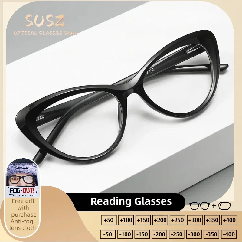 SUSZ Fashion Cat Eye Reading Glasses Progressive Multifocal Anti-Blue Light  Fashion Myopia Prescription Eyeware UV Protection
