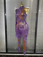 Shining Rhinestones Purple Sexy Tassels Mesh See Through Bodycon Jumpsuit Celebrate Nightclub Party Birthday Photoshoot Wear - Image 2