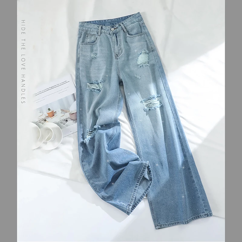 Gradientowe niebieskie jeansy z dziurami dla kobiet 2025 Summer High Waist Straight Loose Denim Pants Shiny Diamond Girls Wide Leg Pants
