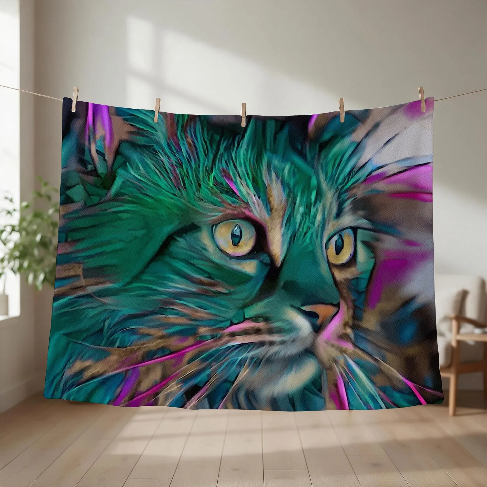 Mara verde, cat, chat, cat, lea roche paintings, kitty, kitten Throw Blanket couch cozy soft plush fuzzy picnic outdoor blanket