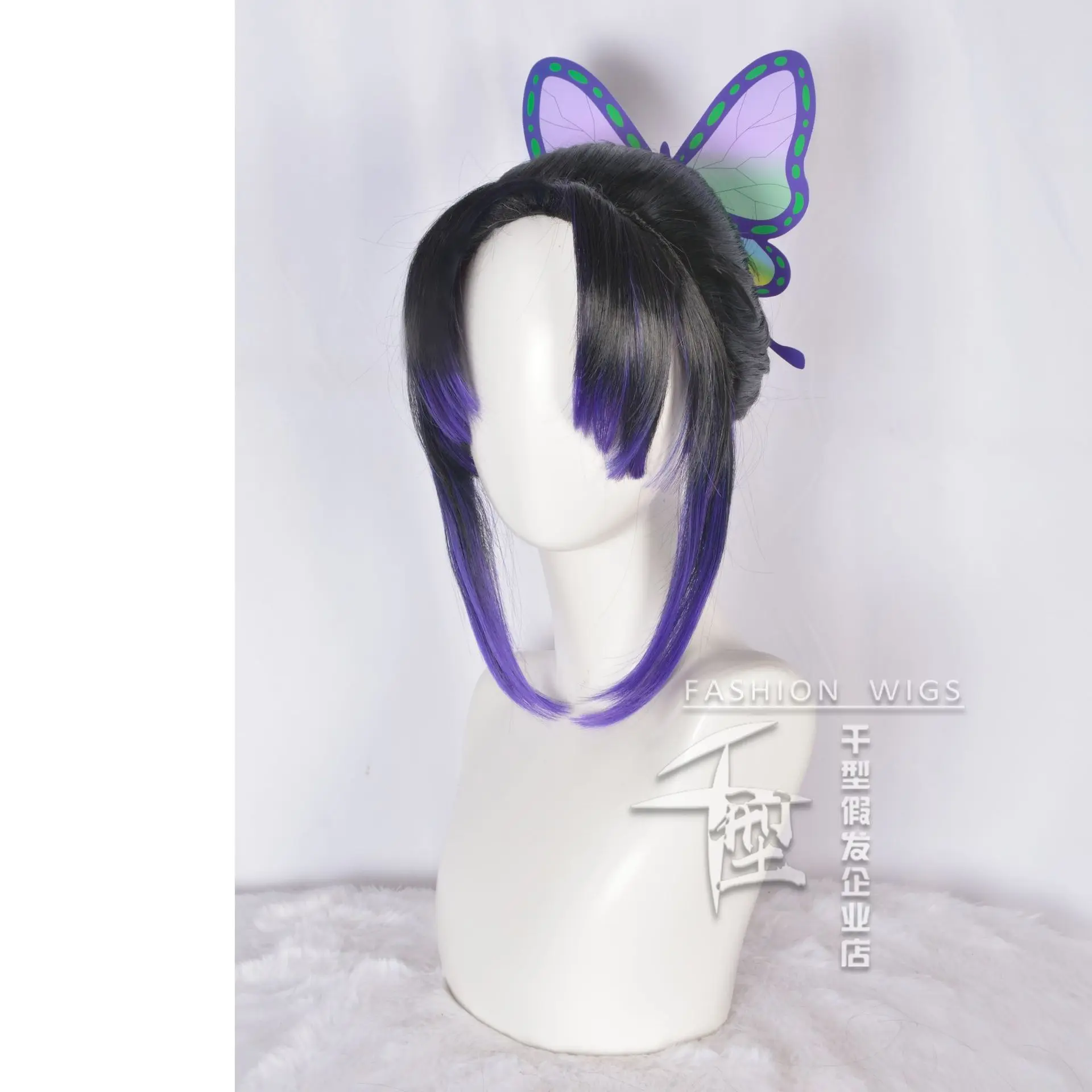 Anime Chasseur De Demons Cosplay Wig  Butterfly Hair Clip Long Black Purple Wig Anime Hair Wigs for Halloween Costume Party