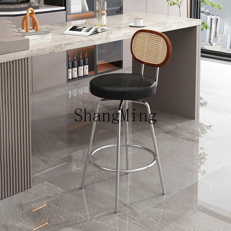 

HJ rattan modern simple home bar chair high foot wrought iron comfortable round seat cushion backrest chair