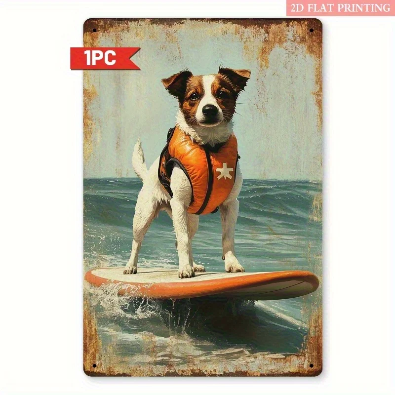 2D Flat, 1pc Surfing Pup Metal Wall Decor - Vintage Surf-Themed Iron Sign Suitable for Beach Houses, Surf Shops & Pet Lover Gift