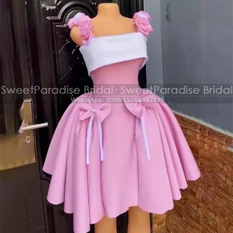 

Puffy A Line Short Prom Dresses Spaghetti Straps Bows Square Neck Customized Women Mini Evening Dress Party