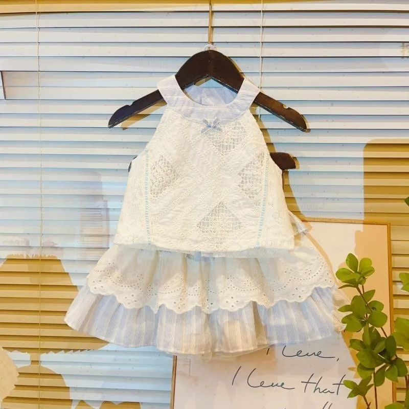 2026 Summer New Girls Set Lace Hanging Neck Top Ruffle Half Skirt Sweet Princess Style Two Piece Set Fashionable