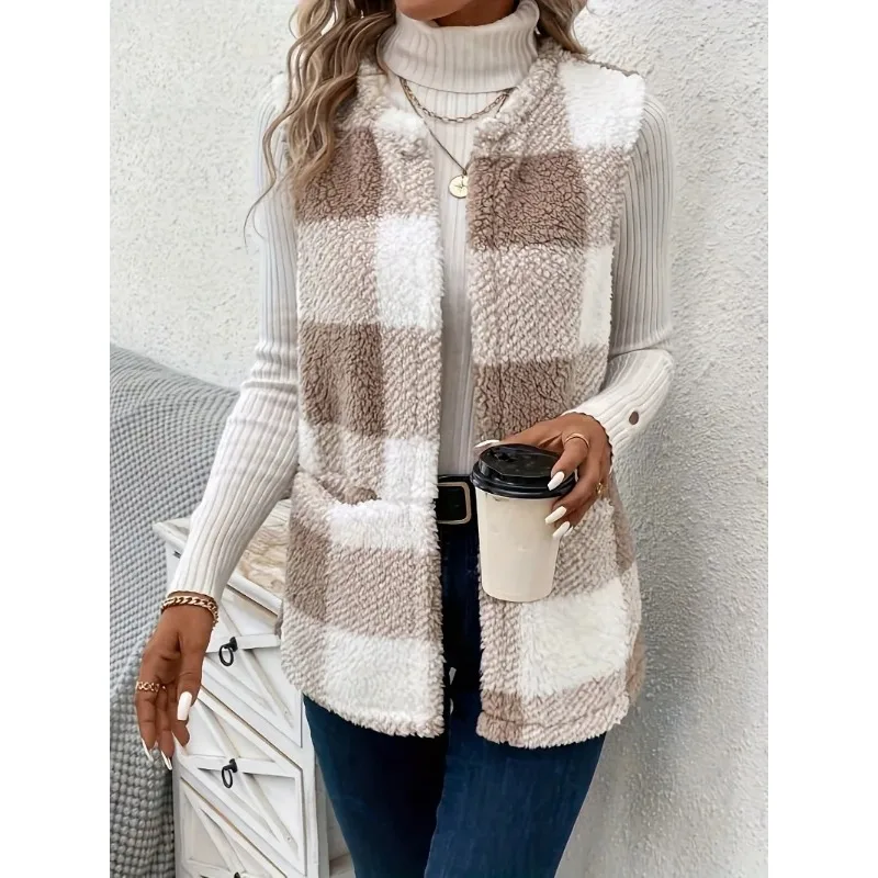 Plus Size 1XL-5XL Casual Jacket  Women\'s Plaid Print Teddy Fleece Open Front Round Neck Vest Jacket