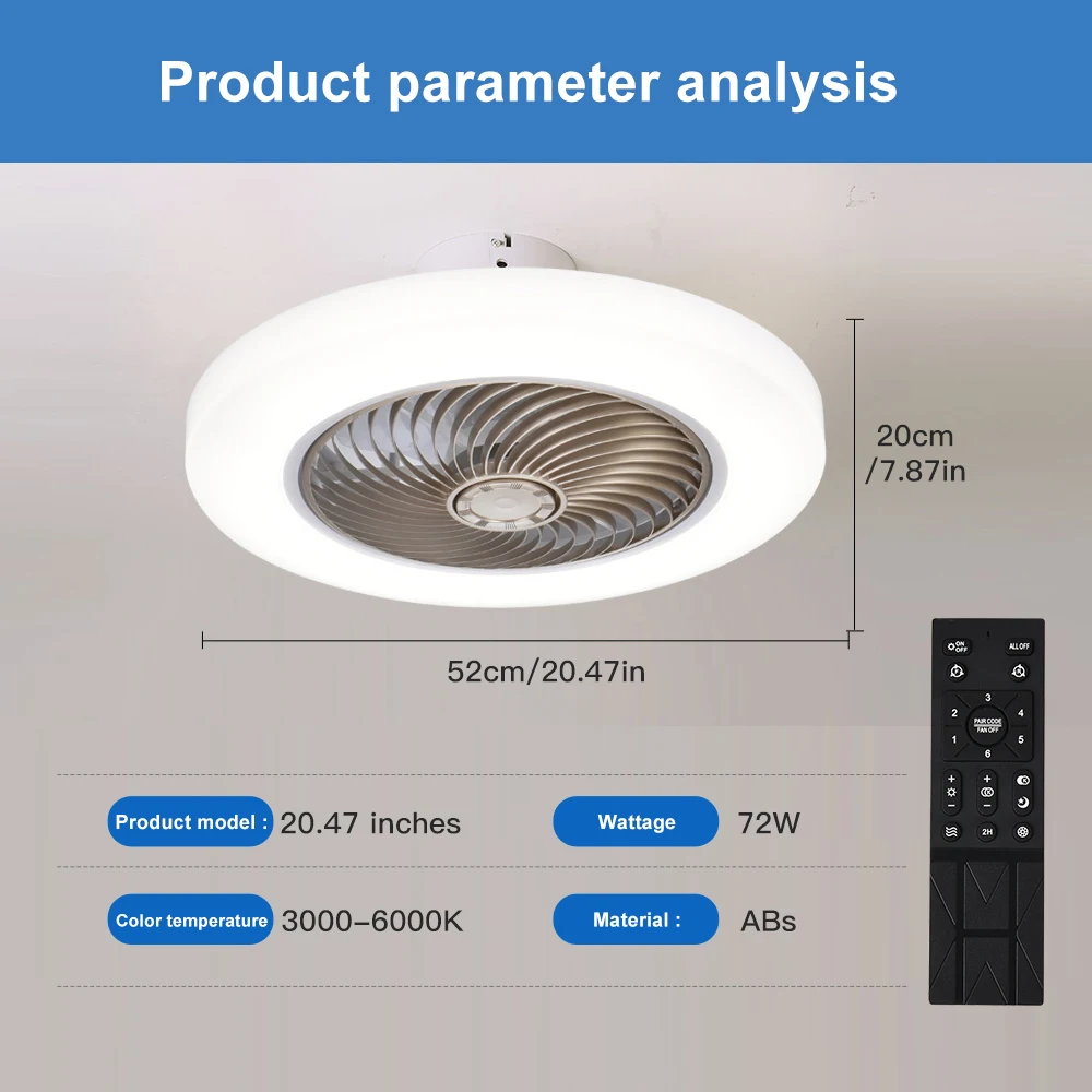 Slimme plafondventilator, ventilatoren met verlichting, afstandsbediening, slaapkamerdecoratie, ventilatorlamp, 50 cm lucht, onzichtbare bladen, stil