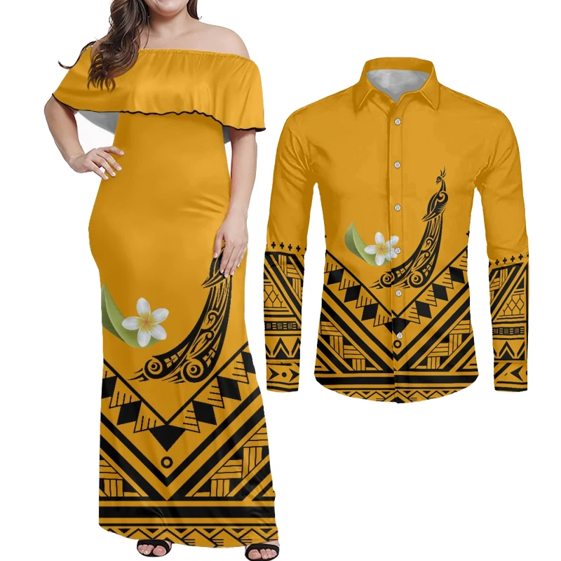 HYCOOL Hot Sale Luxury Design Hawaii Dresse Polynesian Tribal Ladies Long Evening Dresses Match Men Shirt Sets Of Couple