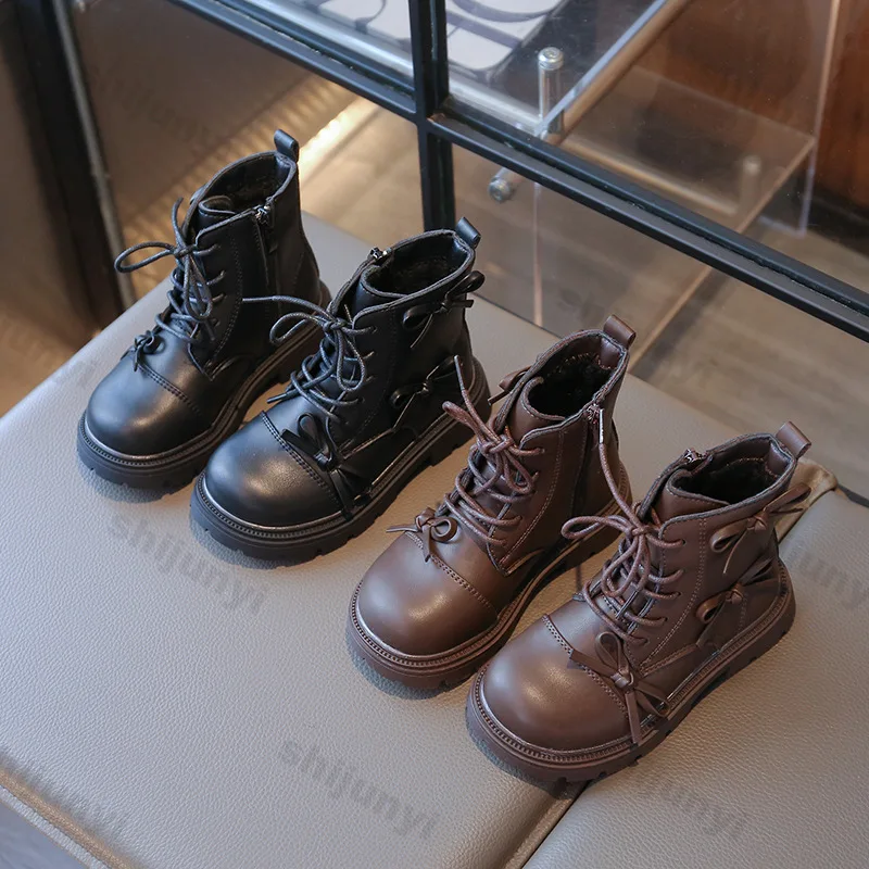 الأطفال أحذية أطفال حذاء من الجلد عدم الانزلاق الجانب سستة Soild اللون 2025 شتاء جديد الفتيات مريحة الدافئة أفخم القوس الأميرة الأحذية