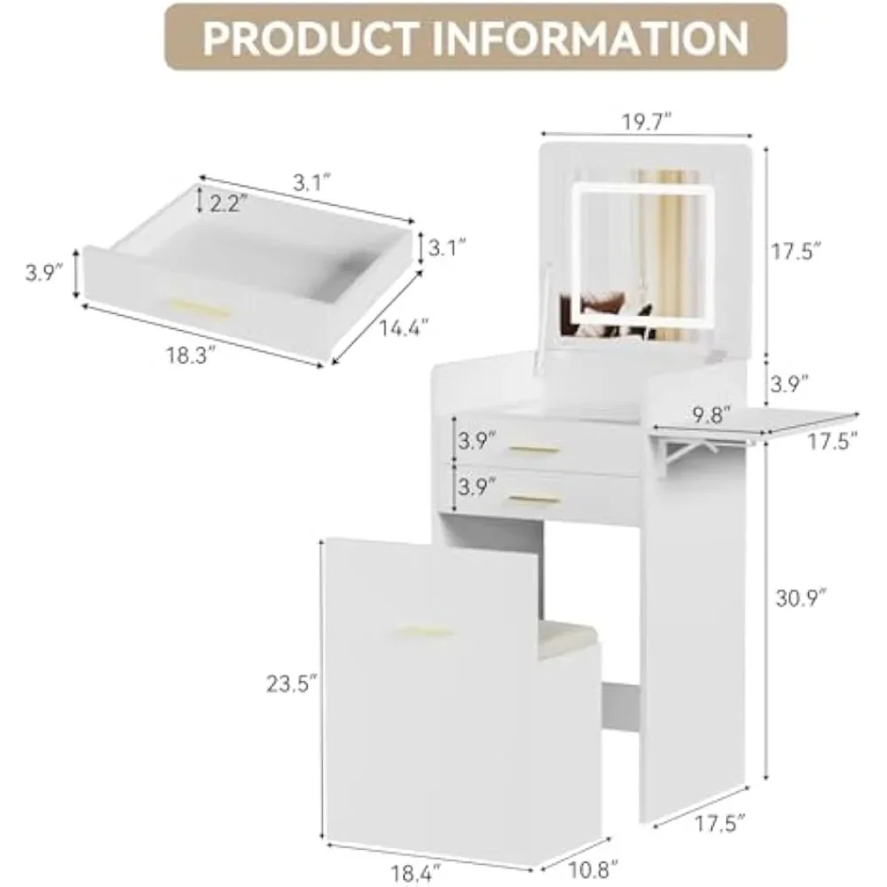 Dressing Table Set with Flip-top Mirror and Lights, Fold-up Panel and Storage Chair, Small But Large Capacity, Vanity Desk