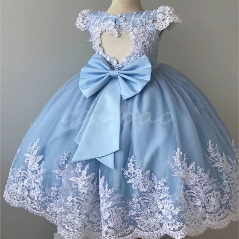 Baby Girl Dress for Birthday Applique Lace Satin Bow O Neck Princess Wedding Party Gown Kid Flower Girl Dress