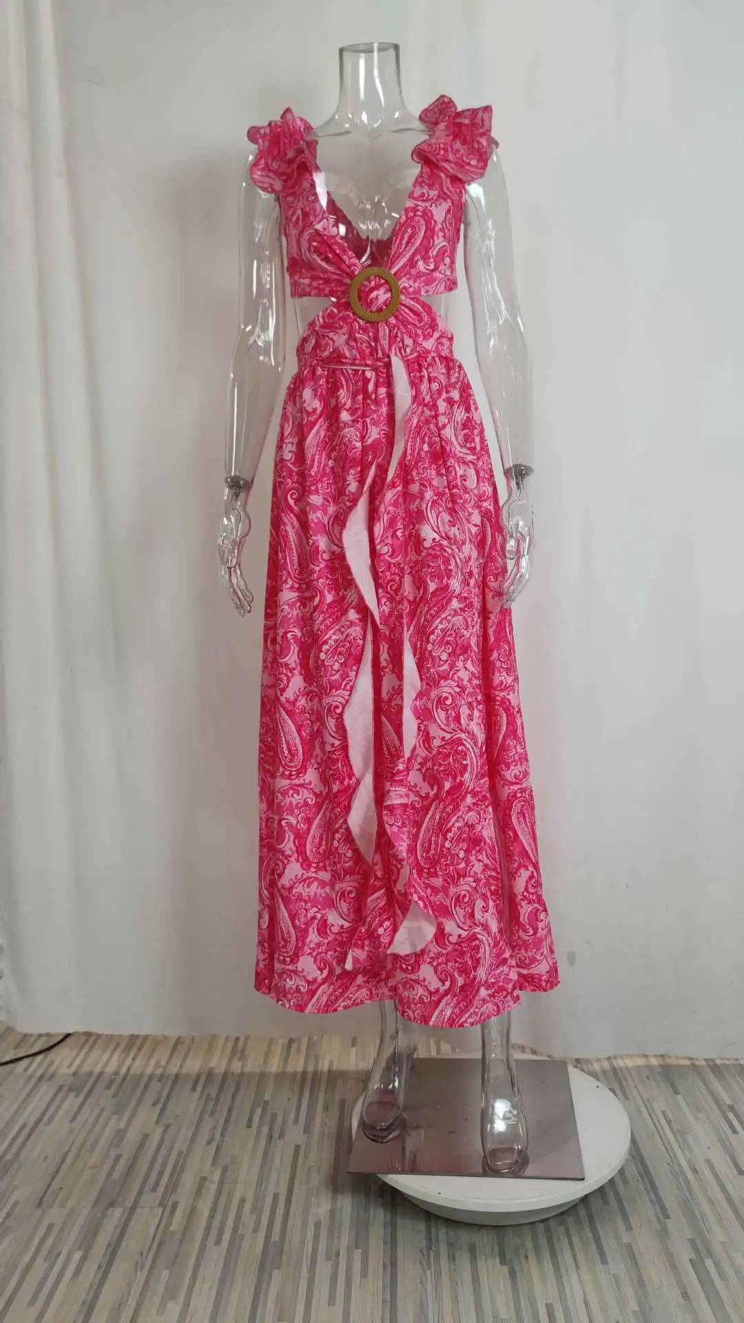 Vestido largo con escote en V profundo para mujer, vestidos largos con abertura, estampado Floral Irregular, ahuecado, Espalda descubierta, vacaciones, playa, Verano