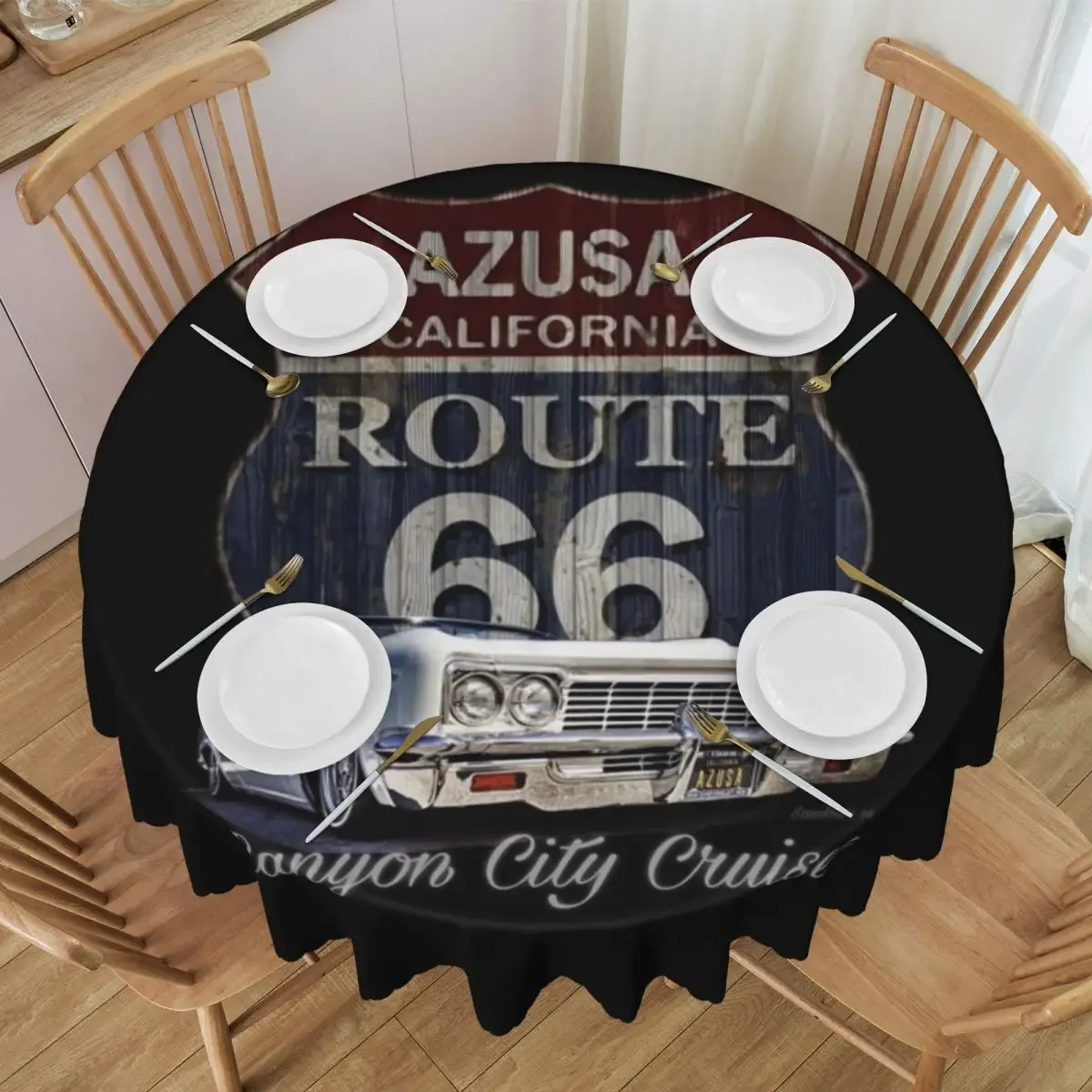 Customized Round Road Trip Route 66 Tablecloth Kitchen Dinning Table Cloth Spillproof Table Cover
