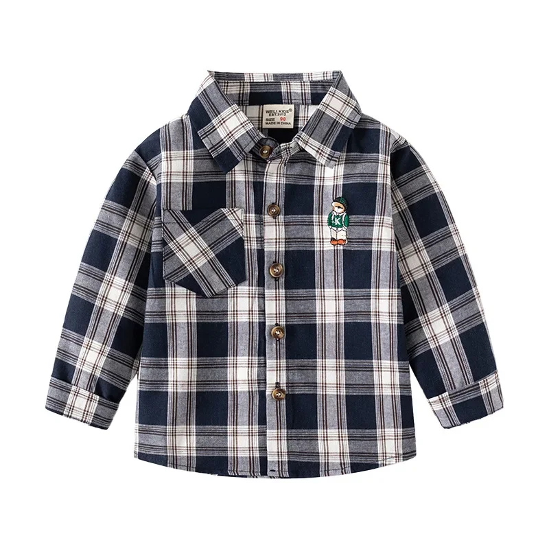 Spring Autumn Boys' Long Sleeve Casual Cotton Plaid Shirt Kids Loose Handsome Embroidered Cartoon Striped Top, for Ages 2-7