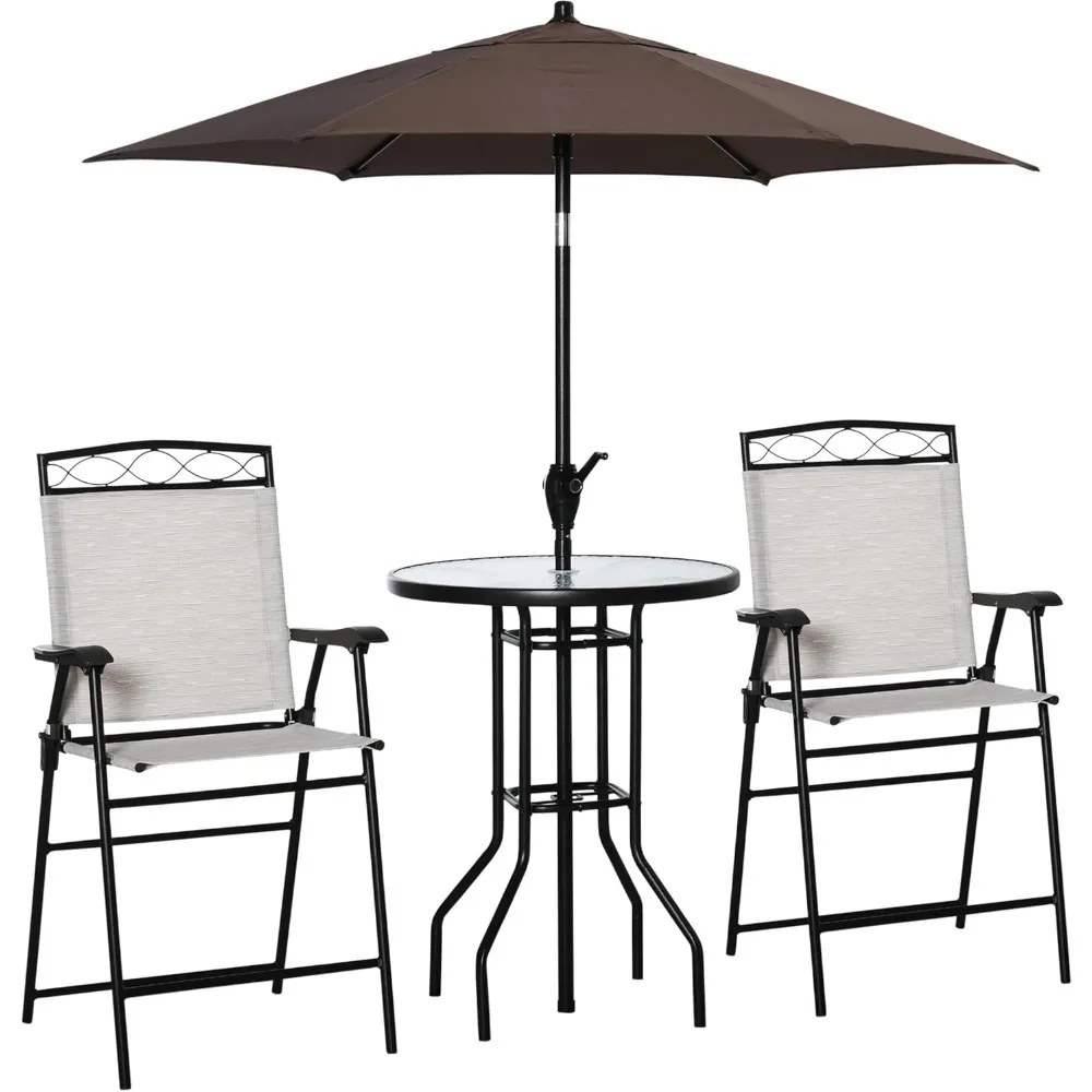 4 Piece Outdoor Patio Dining Furniture Set, Adjustable Angle Umbrella, Wave Textured Tempered Glass Dinner Table, Beige