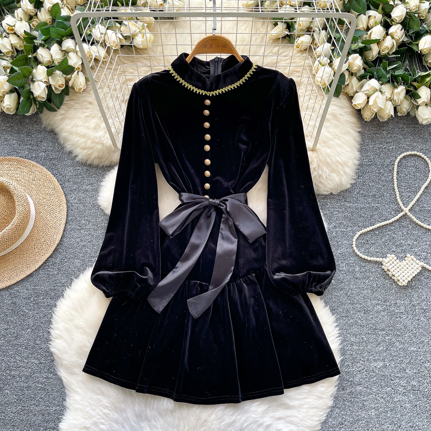 Chic vintage Sexy long sleeve velour fairycore dress korean fashion Sundress Party ceremony dresses