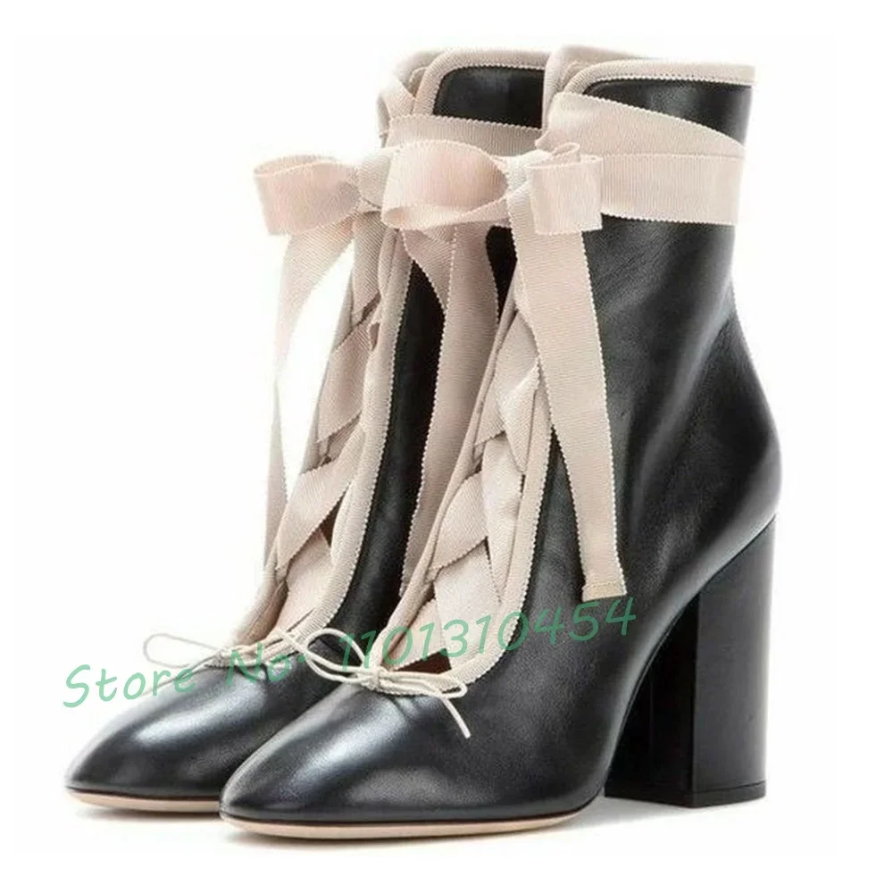 

Ботильоны Riband женские на блочном каблуке, Элегантные зимние ботинки на шнуровке, с бантом, модная ажурная обувь с круглым носком