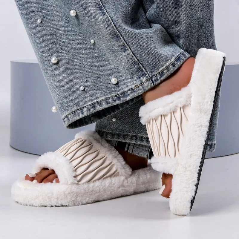 Women Corduroy Cross Strap Home Slippers Men Soft Warm Flat Slides Family Indoor Fashion Concise Plush Sandals for Four Seasons - view 5