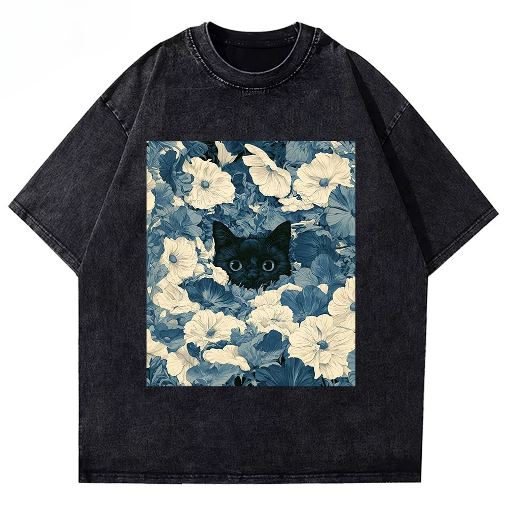 Washed Vintage Cat Floral Graphic T Shirt Retro Hidden Kitten Flower Art Print Unisex Cotton Crew Neck Short Sleeve Street Tee