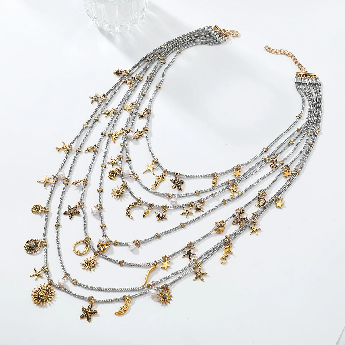 Gold Tone Bohemian Celestial Multi Layered Necklace Conch Starfish Moon Sun Star Seahorse Pendant Choker Lucky Blessing Jewelry