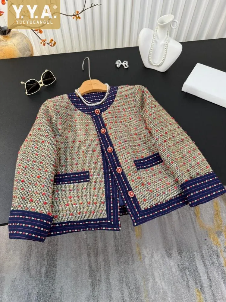 

Retro New Women Design Fashion Single Breasted Jacket Patchwork O Neck Casual Outewear Long Sleeve Coat Short Elegant Lady Tops