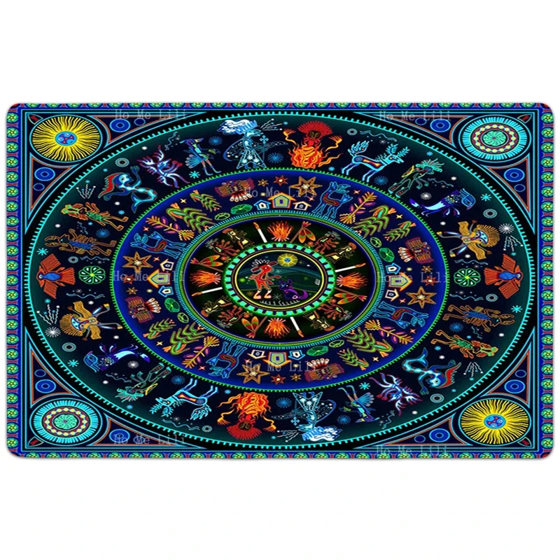 Journey Of Grandmother Rain Huichol Moon And Sun Yarn Mexico Culture Native Folk Art Flannel Floor Rugs By Ho Me Lili