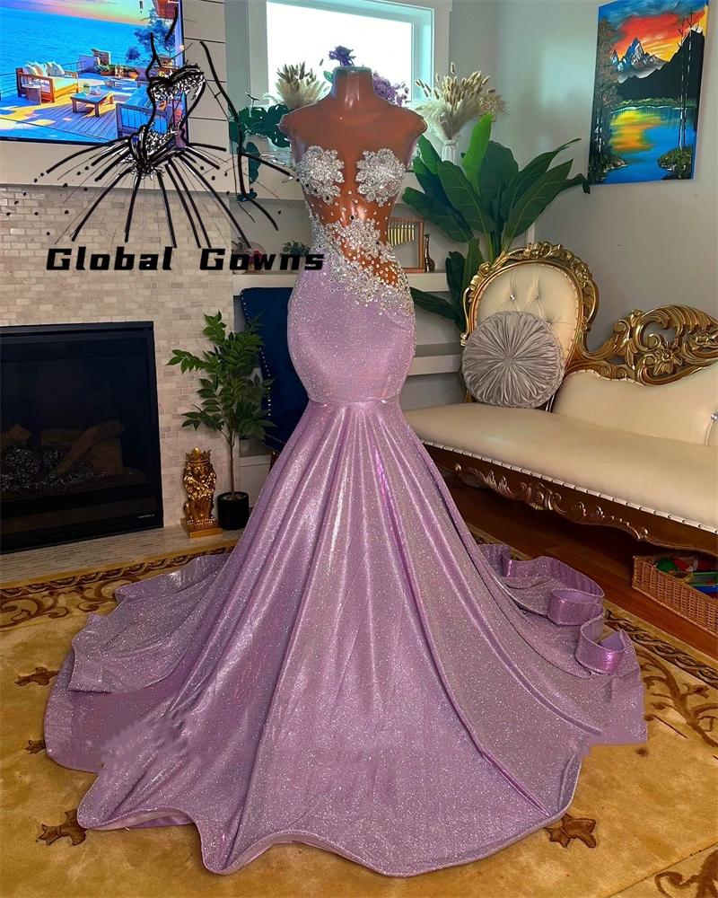 

Purple O Neck Long Prom Dress Black Girl 2024 Bead Crystal Birthday Party Dresses Rhinestone Evening Gown Robe De Bal Customized