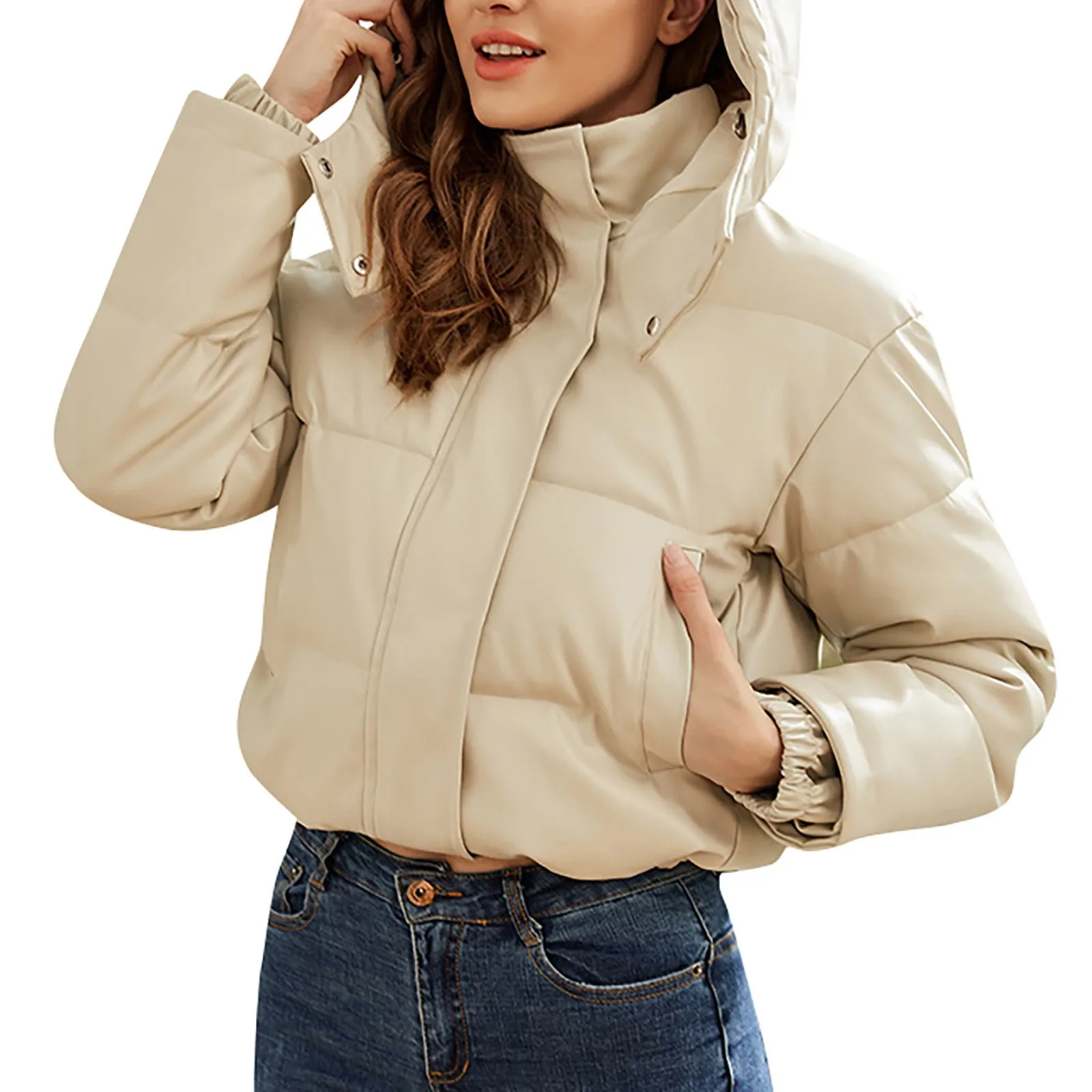 2023 Women Winter Vintage Faux Leather Loose Hooded Pockets Cotton Jackets Fashion Warm Thick PU Parkas Female Outerwear Tops