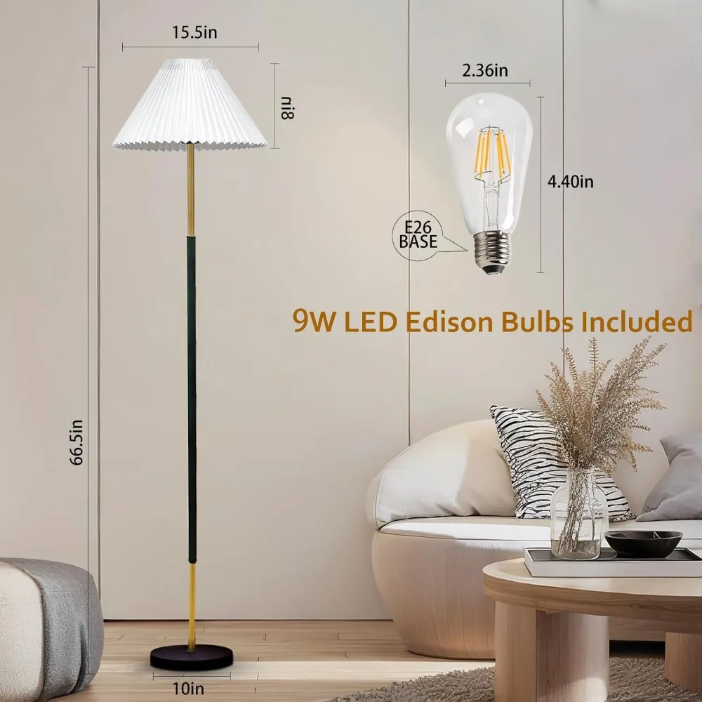 66-inch Floor Lamp, 9W LED Edison Bulb, Including Nordic Style Foot Switch and Pleated Lampshade, High Floor Lamp