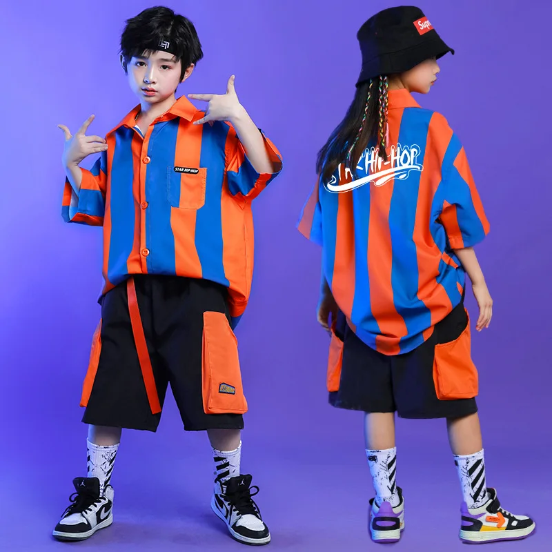 Conjunto de baile de Hip Hop de manga corta a rayas para niños, trajes de espectáculo escénico para niños, ropa de espectáculo de equipo contrastante con costuras para niñas