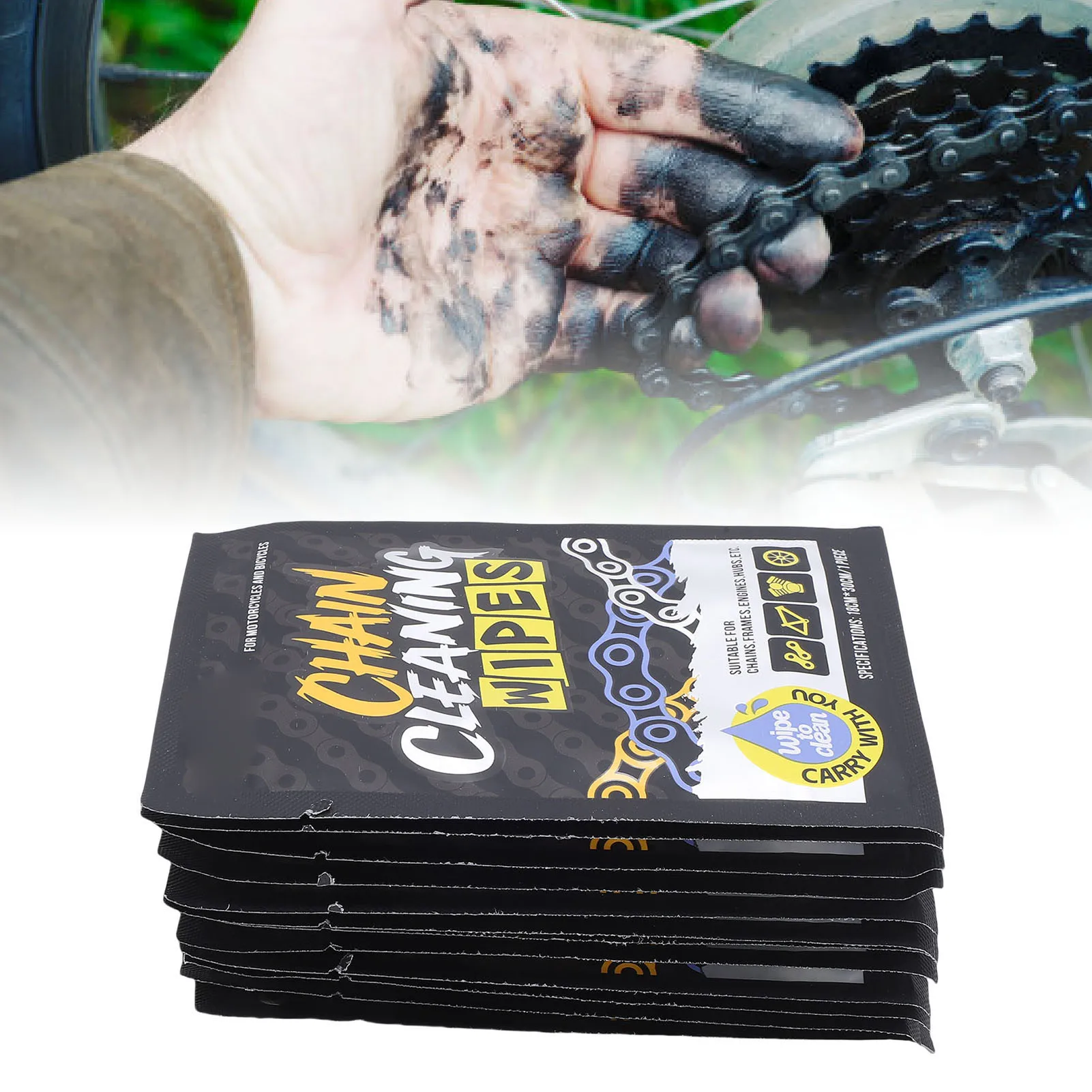 Lingettes de nettoyage pour chaînes de vélo, 12 pièces, emballées individuellement, efficaces pour éliminer la saleté, lingettes pour chaînes, moteurs, moyeux de moto