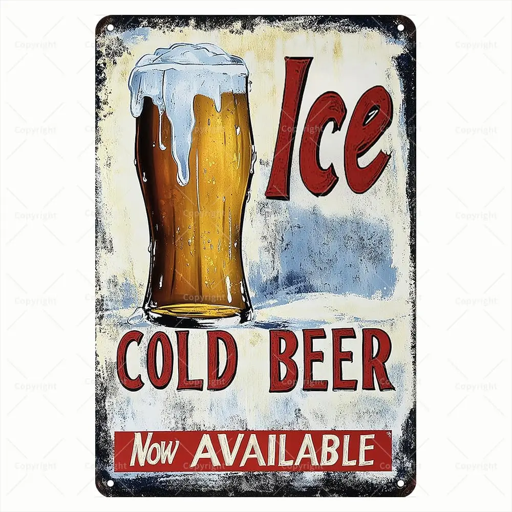 Retro Tin Sign - Ice Cold Beer Now Available Classic Beer Advertisement Metal Sign - Decorative Wall Art for Home, Bar, or Kitch