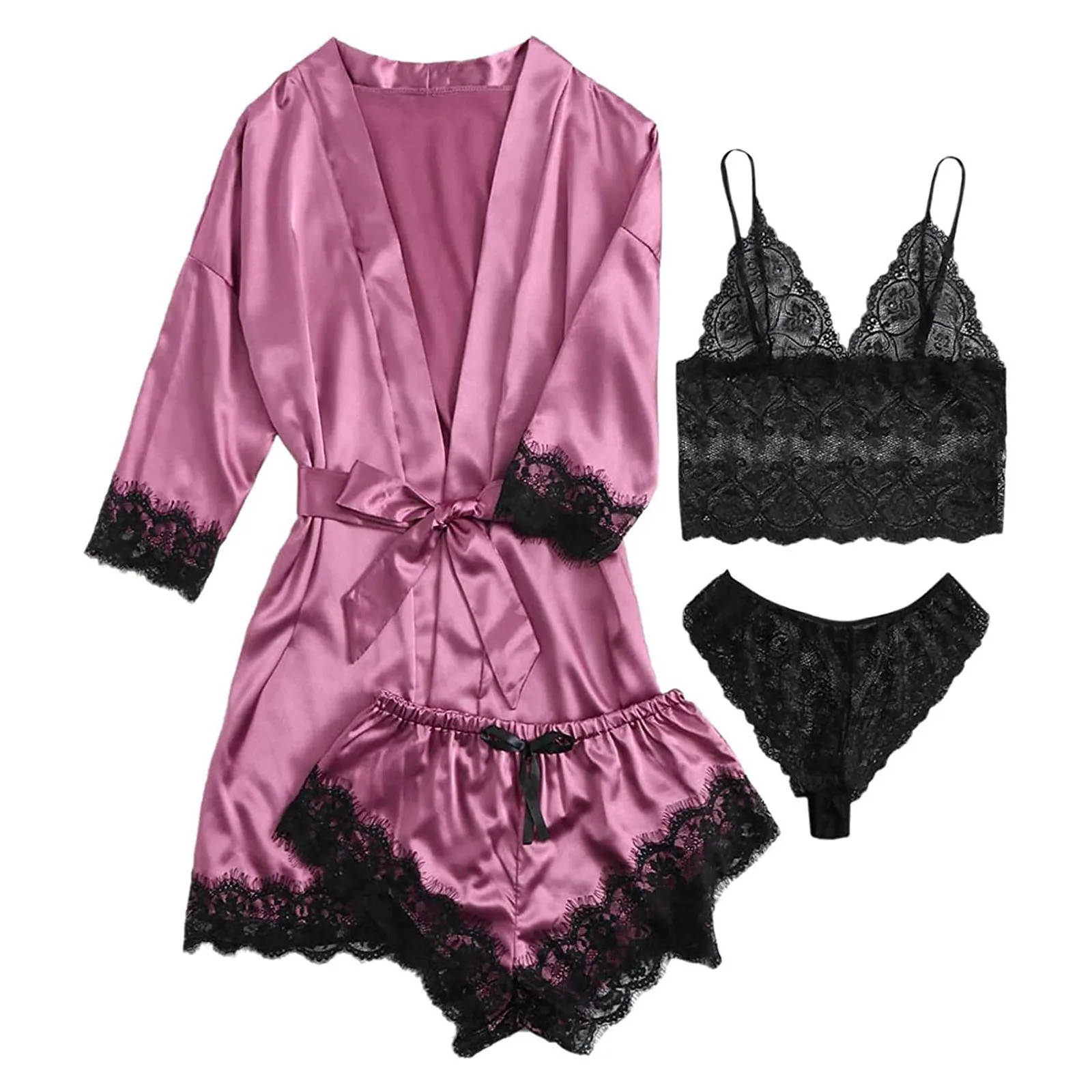 

Sexy Lingerie Women's 4 Pieces Satin Floral Babydoll Lace Cami Top Pajama Set with Robe