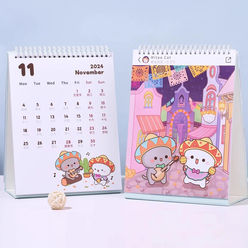 

2024 New Mitao Cat Calendar Lunar Desktop Anime Cute Work Calendar Kawaii Anime Honey Peach Grey Cat Travel Series Toy Gifts