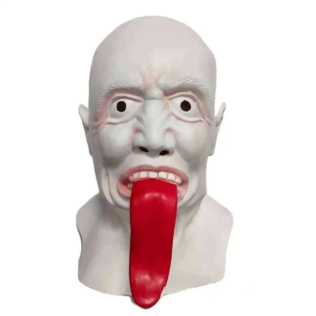Gruselige Latex-Maske mit langer roter Zunge für den ganzen Kopf, realistische Gesichtsmaske eines Glatzkopfes, Halloween-Party-Kostüm, Cosplay-Maskerade, Scherz-Requisiten – Detail 2