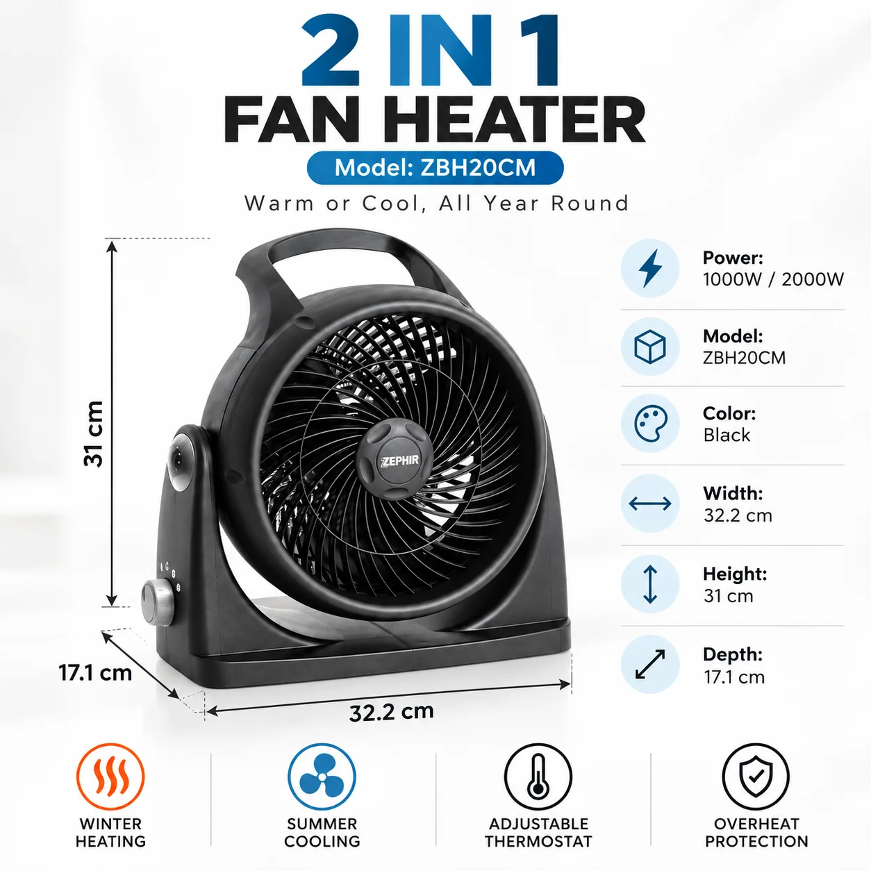 2-in-1 ventilatorverwarmer, 1000W/2000W, draagbare elektrische ruimteverwarmer met instelbare thermostaat, turboventilatorfunctie, oververhittingsbeveiliging, tafelmodel voor gebruik in een kamer.