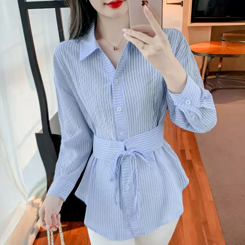 Spring and Summer Striped Shirt Women\'s Fashion New Style Elegant Temperament Long-sleeved Shirt Single-breasted Chic Top Shirt