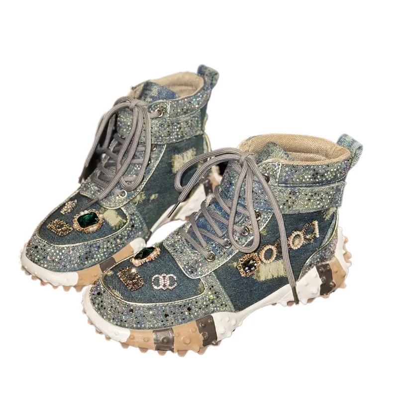 Femmes espadrilles décontractées bottes de créateur de luxe strass diamant haut-haut chaussures à fond épais femme Tennis chaussures de marche en plein air