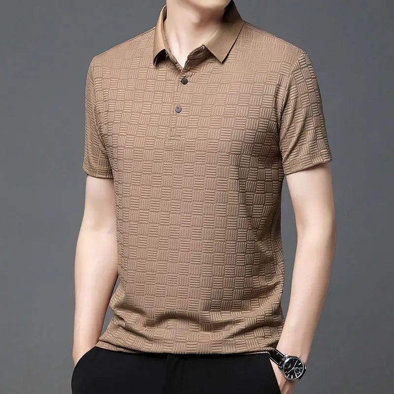 Trend Versatile Summer Polo Shirts Ice Silk Men's Turn-down Collar Solid Button Jacquard Weave Casual Loose Short Sleeve Tops