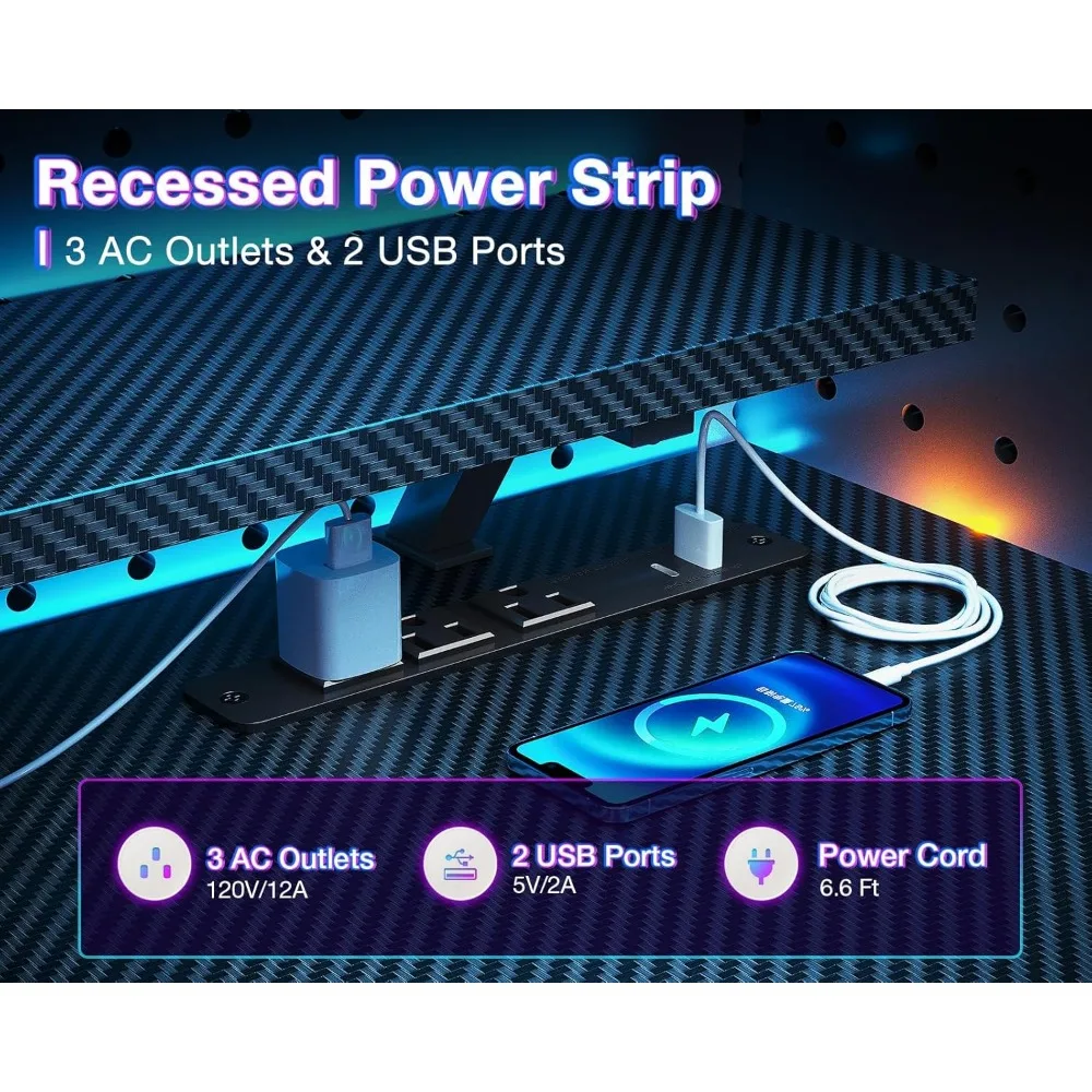 Reversible Gaming Desk with USB Charging Port and LED Lights, 40 Inch Computer Desk with Storage Shelves & Monitor Stand,