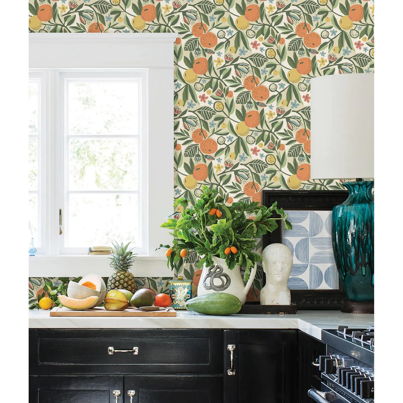 Orange Pattern Kitchen Wallpaper Peel and Stick,Green Leaves and Fruit Wall Papers Home Decor,Removable Mural Wall,Custom Size