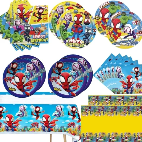 Spider Hero Theme Birthday Party Supplies Tableware Kit Plates Cups Tablecloth Backdrop Balloons Kids Party Decorations Favors