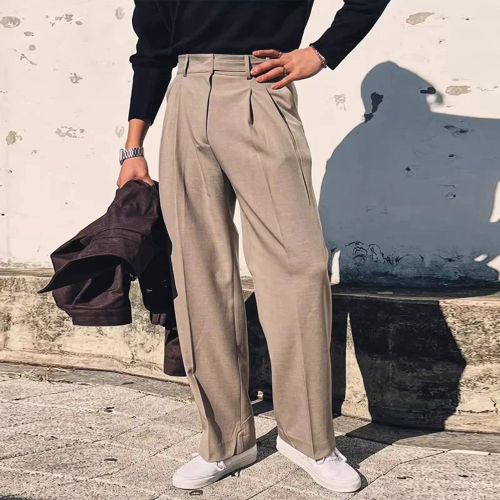 American European New Fashion Men's Solid Color Casual Trendy Straight Loose High Waist Trousers Male Clothes Basic Suit Pants