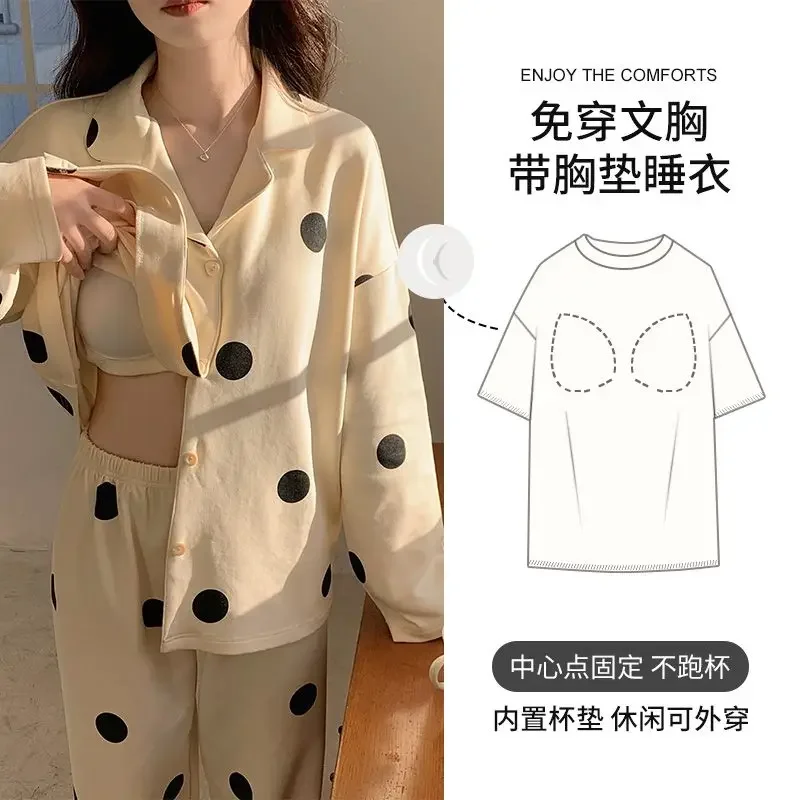 With Chest Pads Cotton Pajamas Set Female Spring and Fall New Long-sleeved Set of Sleepwear Loose Cute Polka Dot Print Homewear