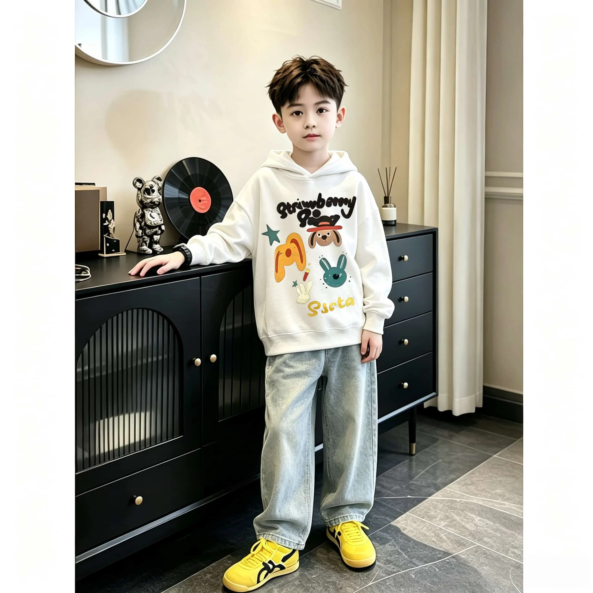 Fall children's hooded sweatshirt - Korean-style cool cartoon print-Fashionable, soft and comfortable boys' and girls' baby coat