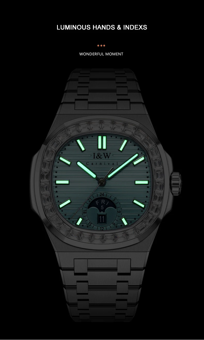 I&W Mens Luxury Watches 42mm Square Automatic Mechanical Wristwatch 50M Waterproof Luminous Steel Strap Crystal Bezel Date Week