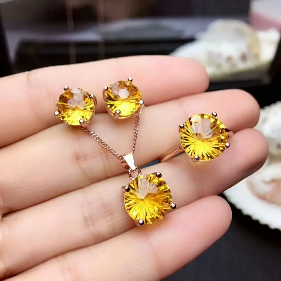 MeiBaPJ Fireworks Natural Citrine Jewelry Set 925 Silver Necklace Earrings Ring Three-piece Suite Wedding Jewelry for Women