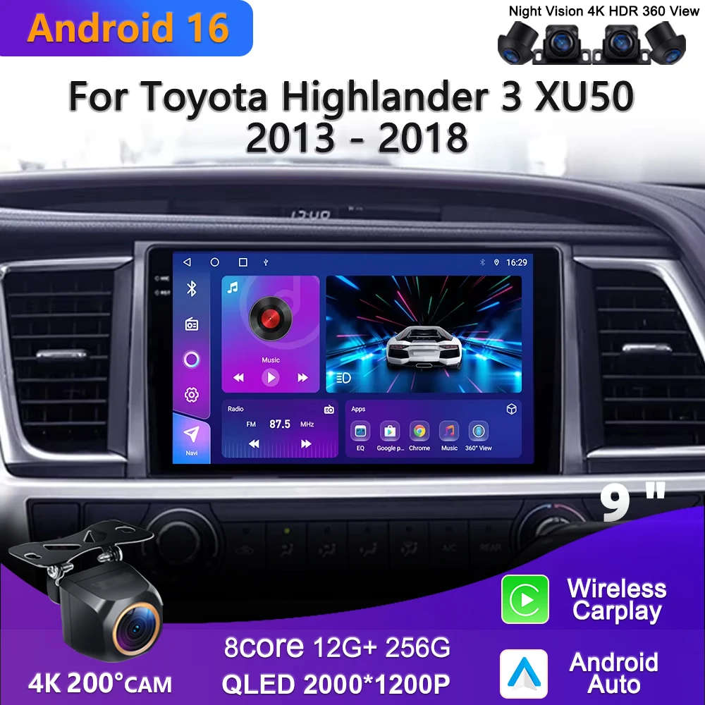 

Автомобильный мультимедийный проигрыватель Android 16 для Toyota Highlander 3 XU50 2013-2018, автомагнитола с GPS-навигацией, без 2DIN, с поддержкой CarPlay