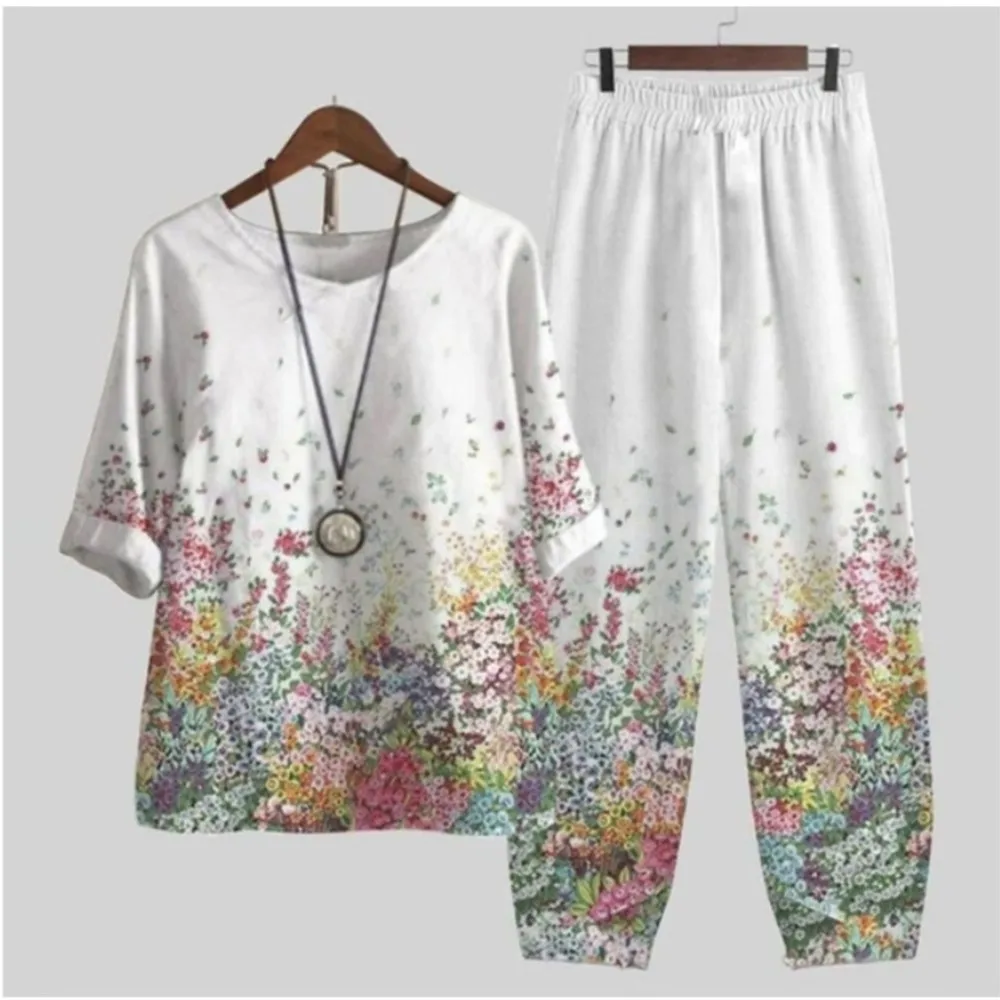 Elegant Suit Two Piece Sets Women Fashion Print Retro Style Outfits Casual Loose Half Sleeve Shirt + High Waist Pants Sets