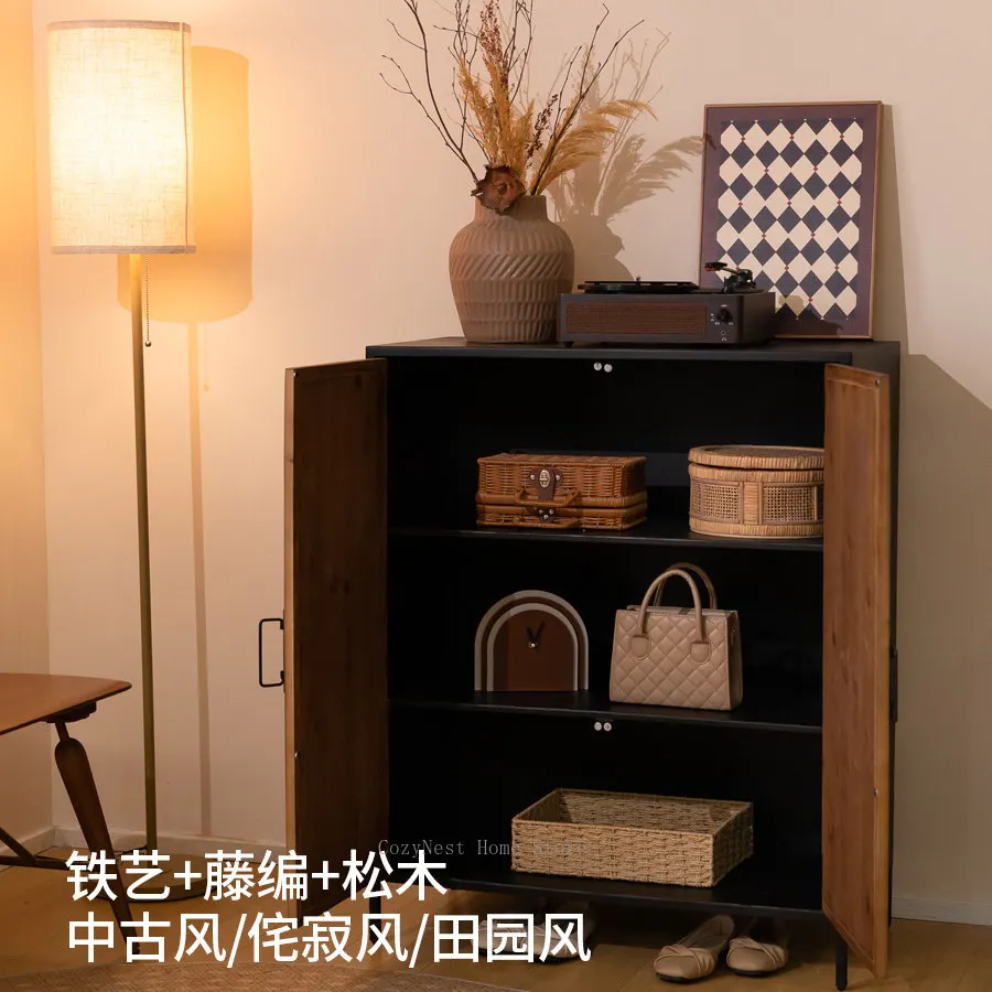 Wrought iron dining side cabinet foyer living room storage cabinet natural rattan creative storage cabinet three doors